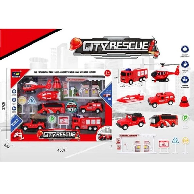 Pullback Rescue Vehicle Set With Road Markings