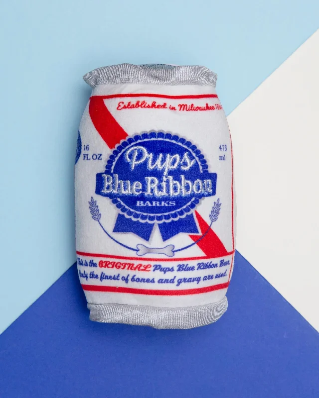 Pups Blue Ribbon Beer Can Squeaky Plush Dog Toy